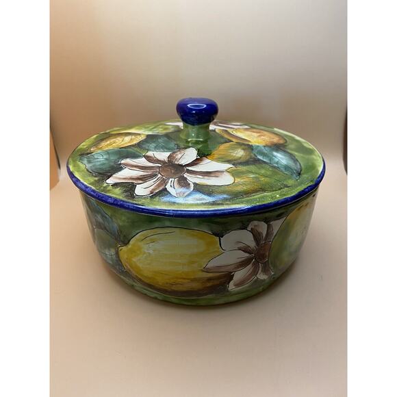 Mexican majolica floral green, colorful redware covered bowl chip btm of bowl - Picture 1 of 8